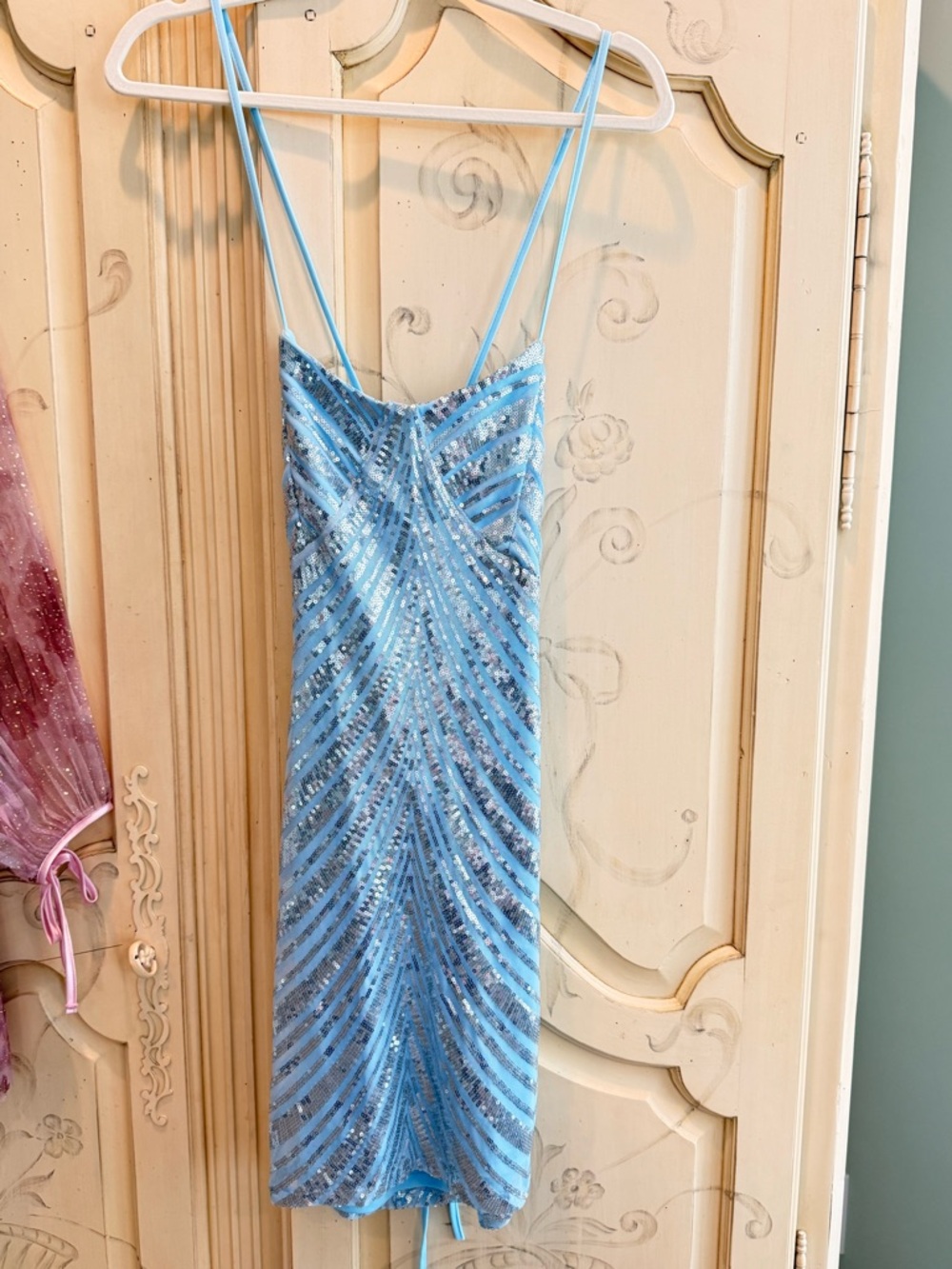 Lulus Light Blue Sequin Spaghetti Strap corset back Dress - worn once